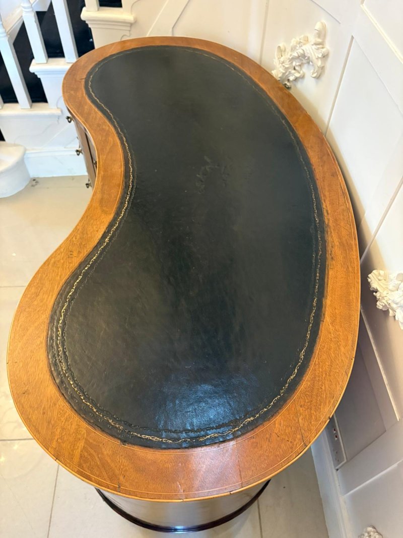 Large Antique Edwardian Quality Inlaid Mahogany Freestanding Kidney Shaped Desk - Image 8